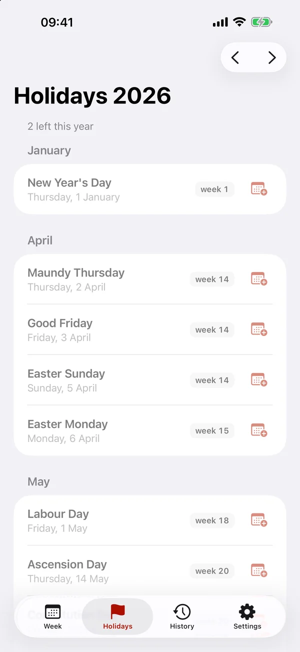Holidays 2026 grouped by month, with week numbers and an add-to-calendar button.