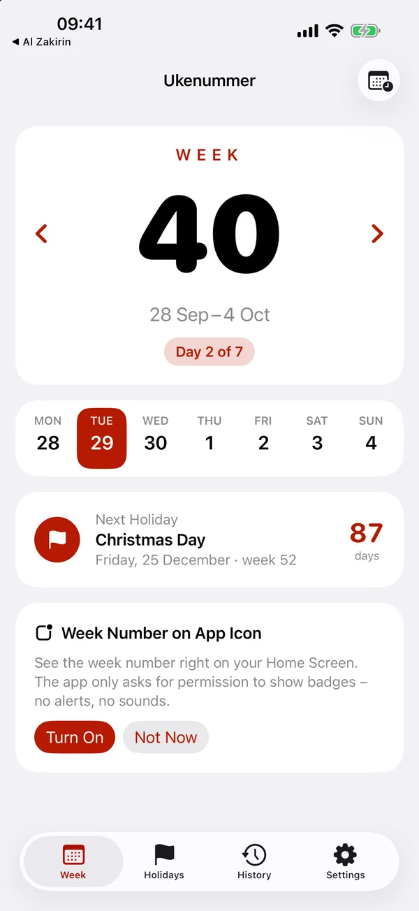 Week tab: a large week number 40, the dates 28 September to 4 October, the days of the week and a countdown to Christmas Day.
