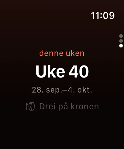 Apple Watch: Uke 40, drei på kronen for å bla mellom uker.