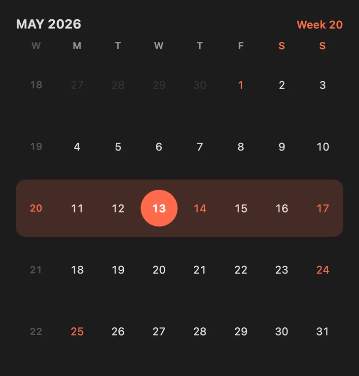 Large widget in dark mode: a May 2026 calendar with week numbers.