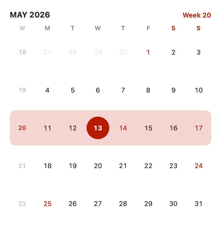 Large widget: a May 2026 calendar with week numbers down the left edge and holidays in red.