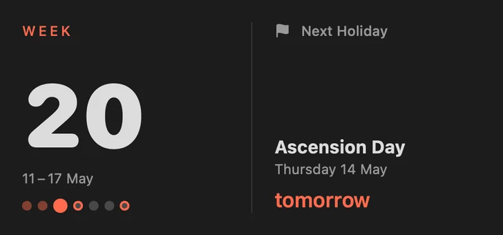 Medium widget in dark mode: WEEK 20 and the next holiday.