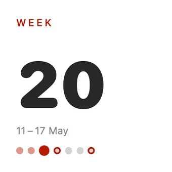 Small widget: WEEK 20, 11–17 May, and the days of the week as dots.